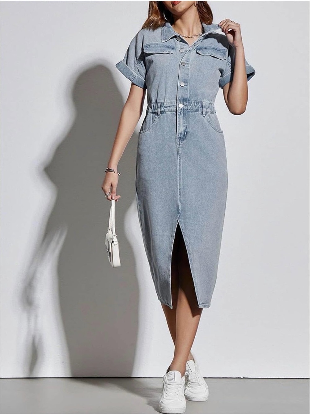 Amazon Light Blue Denim Midi Dress with Front Slit - Picture 2 of 6